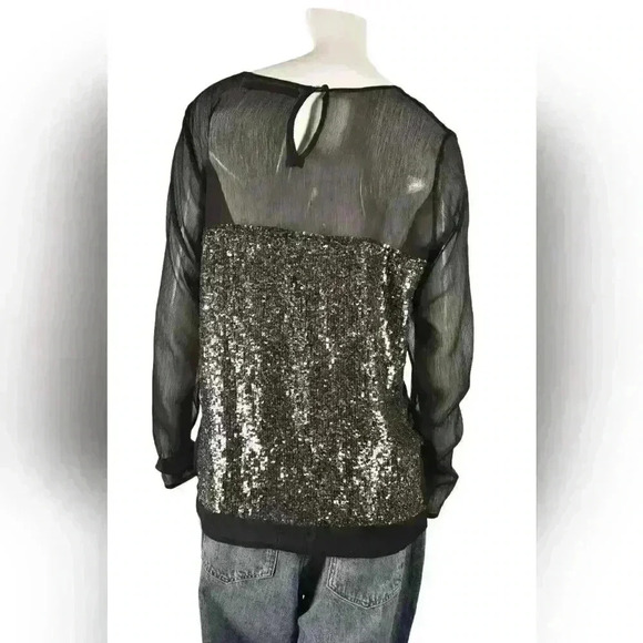 GESTUZ Black Grey Polyester Crepe Sequin Sparkle Sheer Evening Blouse Medium - Picture 4 of 7
